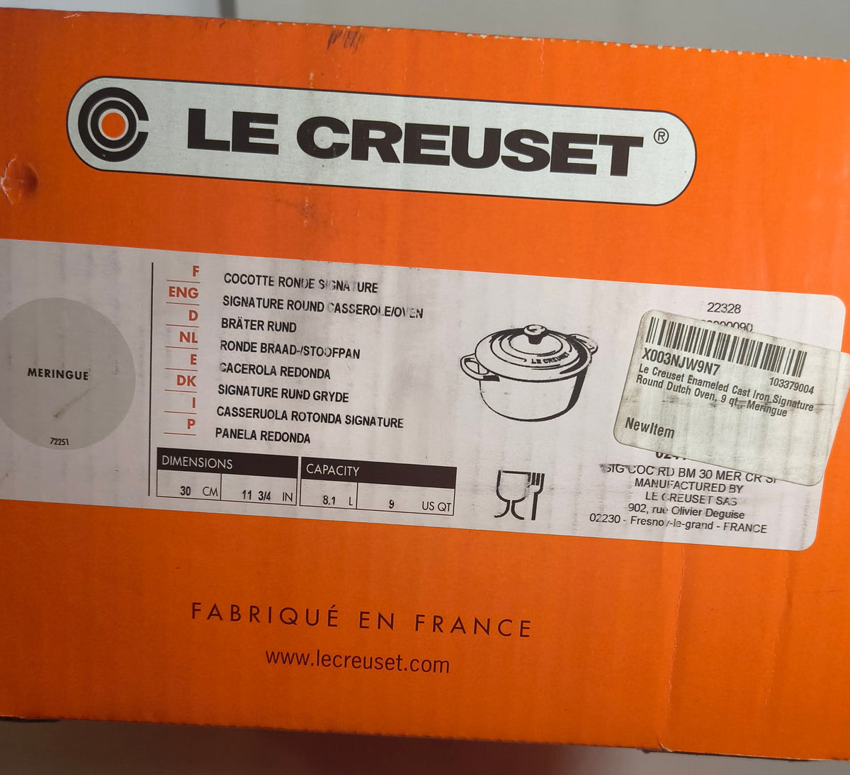Le Creuset 9-Qt Round Dutch Oven — Meringue, New in Box