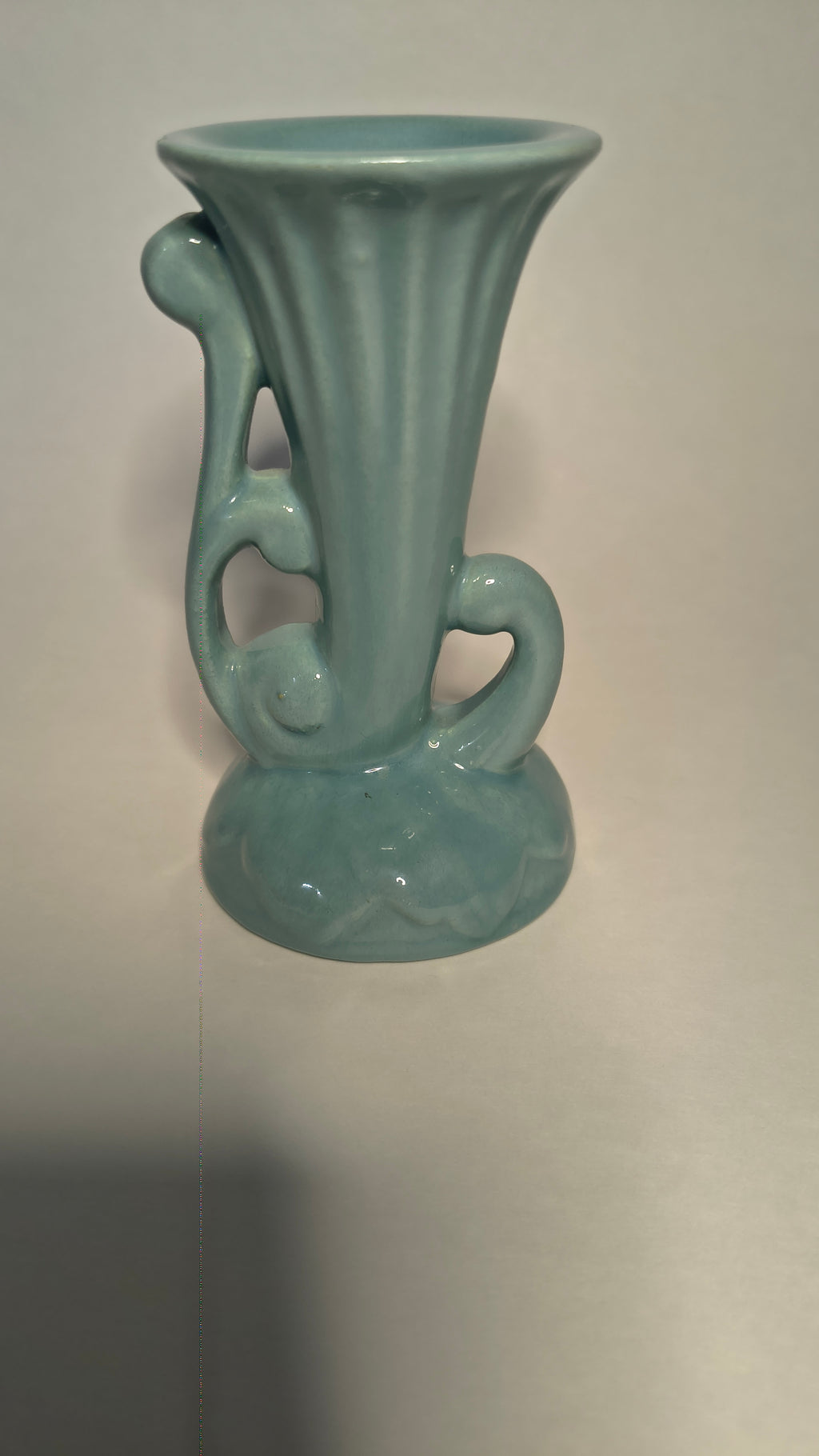 Mid Century Vintage Teal Blue Pottery Bud Vase Ribbed Flute Scroll Handle