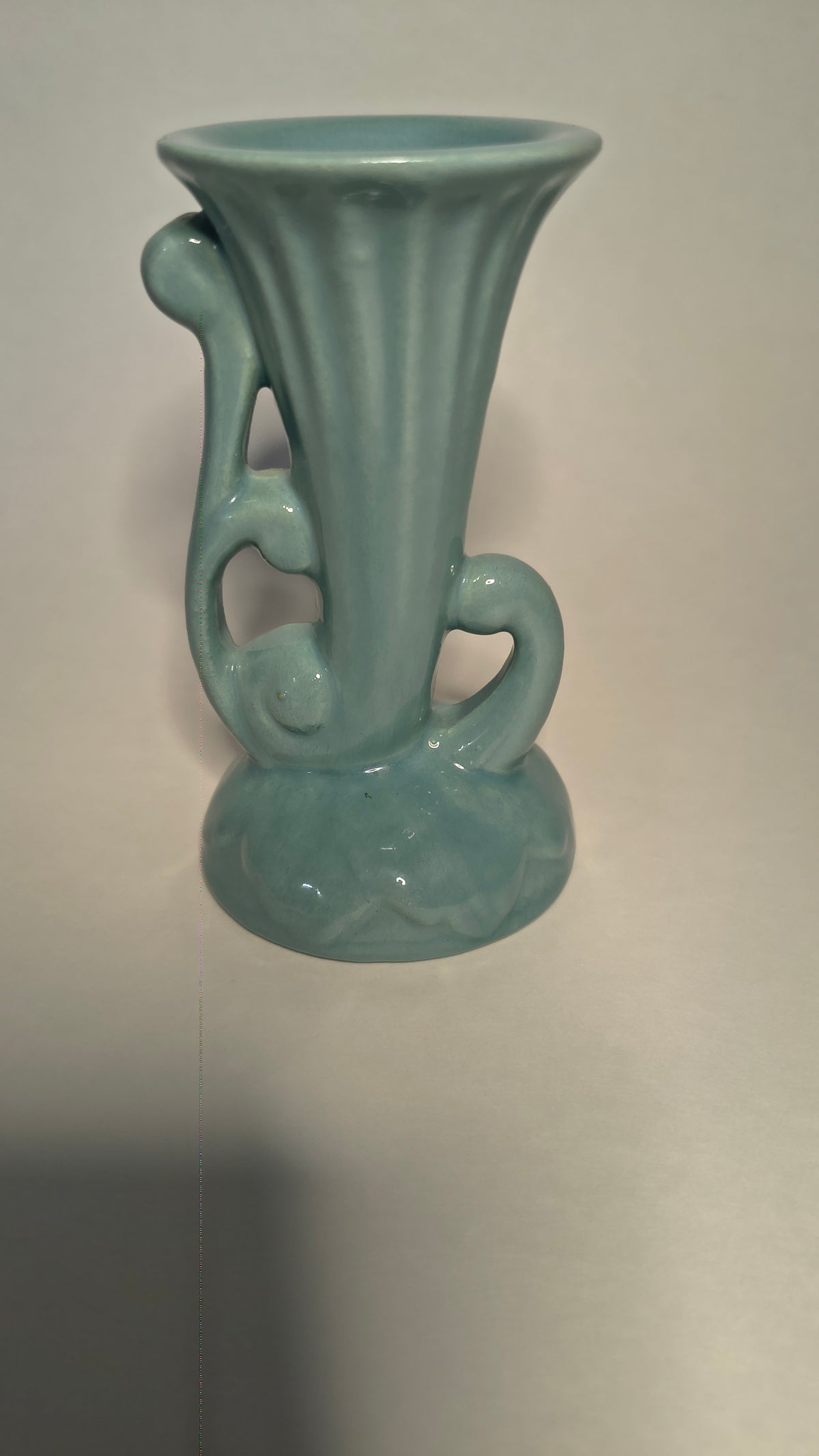 Mid Century Vintage Teal Blue Pottery Bud Vase Ribbed Flute Scroll Handle