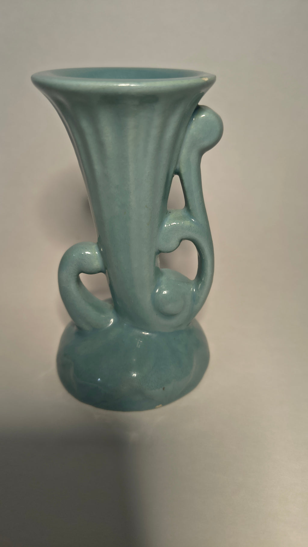 Mid Century Vintage Teal Blue Pottery Bud Vase Ribbed Flute Scroll Handle