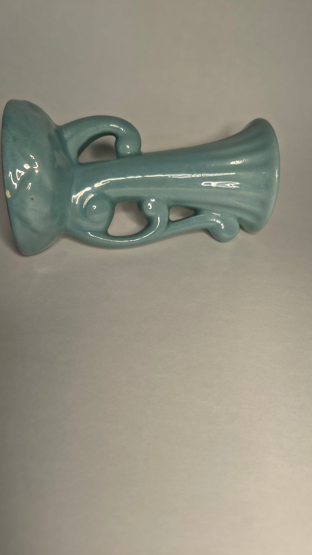 Mid Century Vintage Teal Blue Pottery Bud Vase Ribbed Flute Scroll Handle
