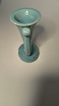 Mid Century Vintage Teal Blue Pottery Bud Vase Ribbed Flute Scroll Handle