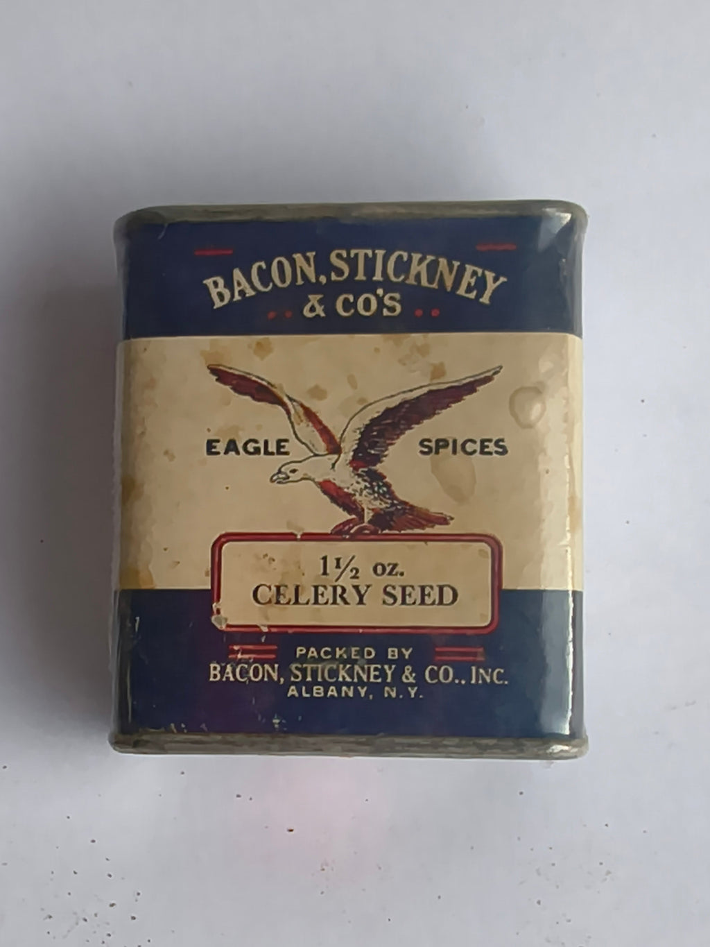 Vintage Bacon Stickney & Co Eagle Spices Celery Seed Tin | Albany NY Antique Spice Tin