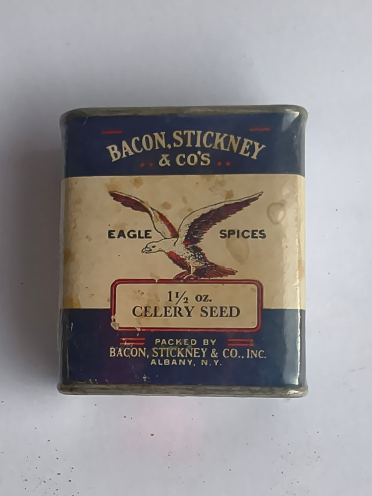 Vintage Bacon Stickney & Co Eagle Spices Celery Seed Tin | Albany NY Antique Spice Tin