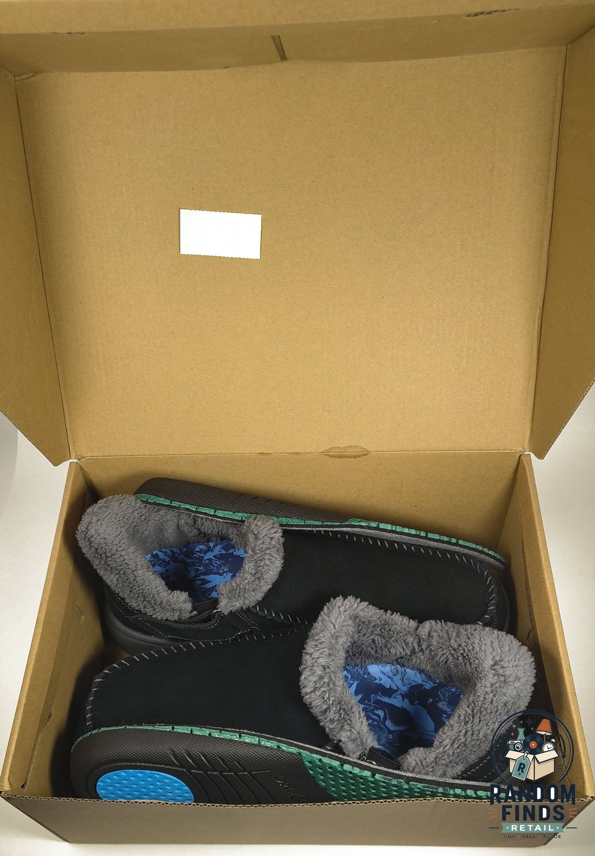 Random Finds Retail Orthofeet Vito black leather orthopedic slippers with plush grey lining inside a cardboard box