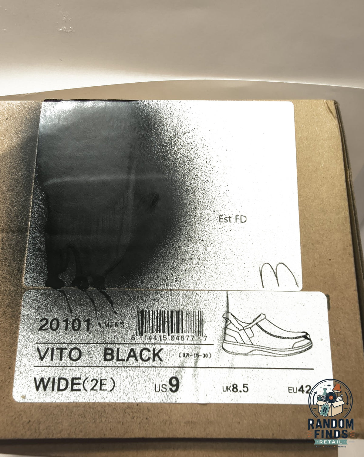 Random Finds Retail Orthofeet Vito men's black orthopedic slipper product box label with size and style information