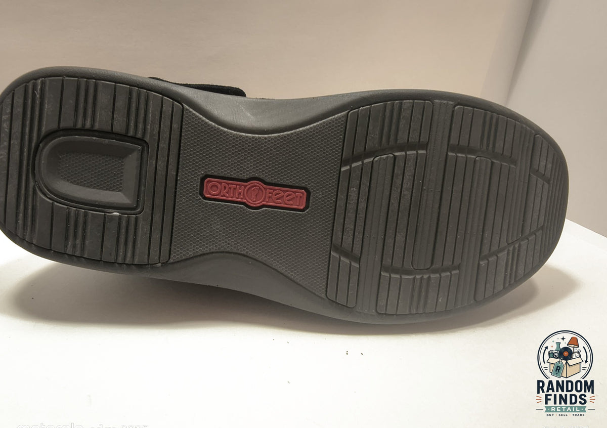 Random Finds Retail Orthofeet Vito men's slipper black slip-resistant rubber outsole with red logo detail