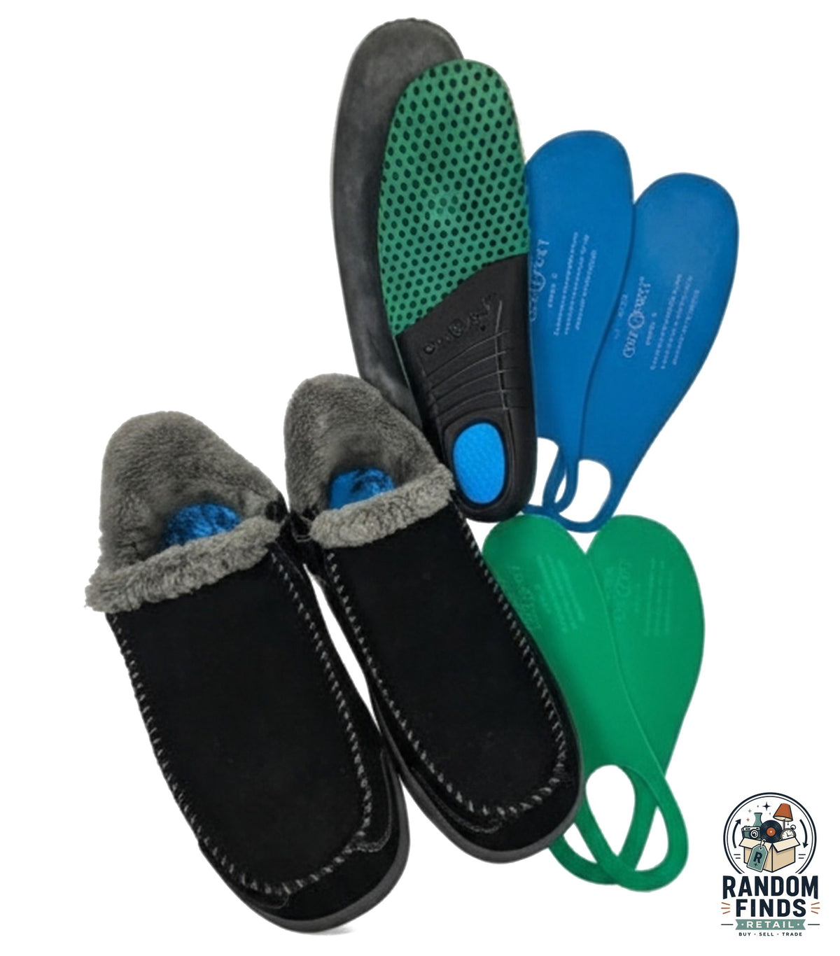 Random Finds Retail Orthofeet Vito black leather slippers with plush lining, orthotic insoles, and spacer inserts.