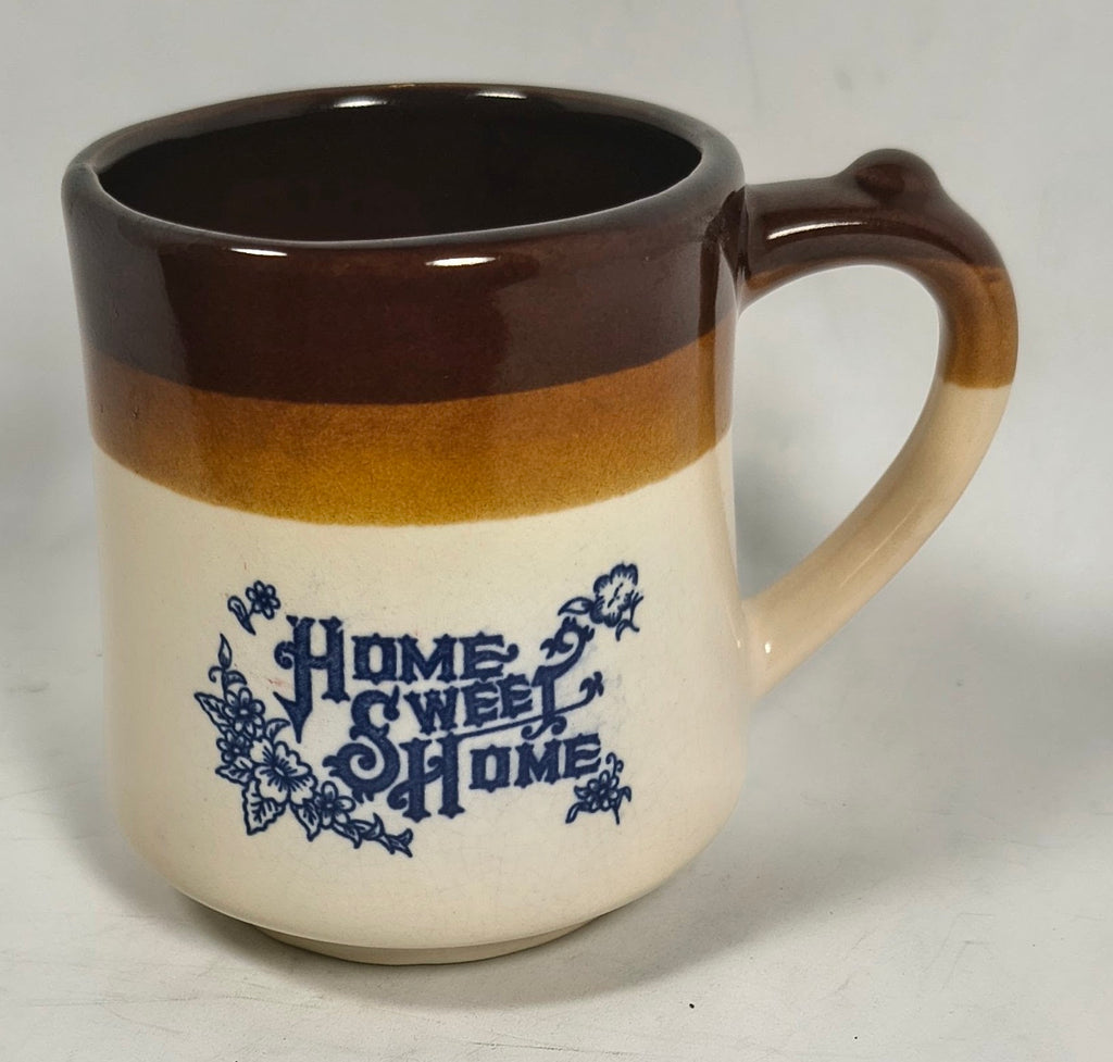 Vintage "Home Sweet Home" Stoneware Coffee Mug | Rustic Brown Glaze Pottery Cup with Blue Floral Stencil | Thumb Rest Handle