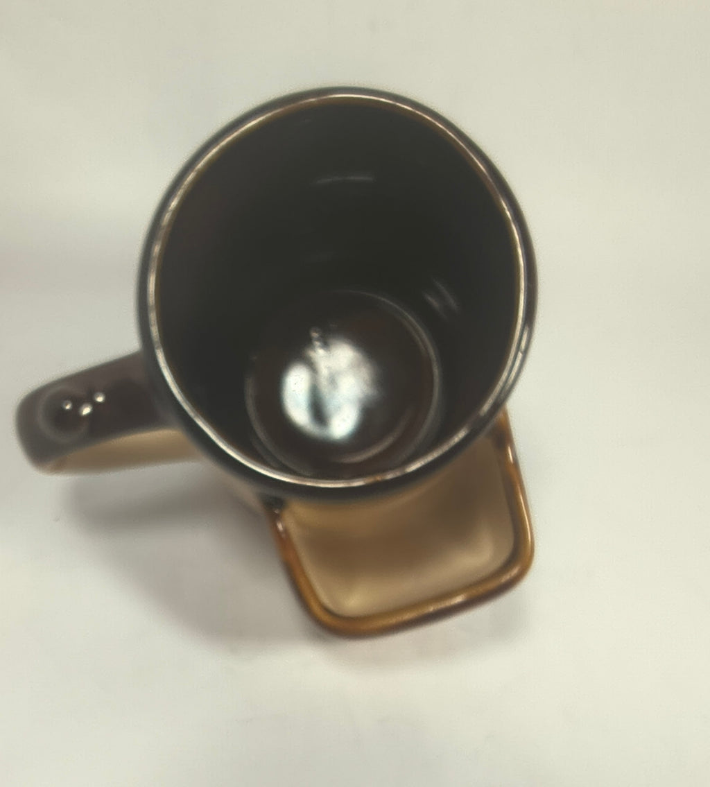 Vintage "Home Sweet Home" Stoneware Coffee Mug | Rustic Brown Glaze Pottery Cup with Blue Floral Stencil | Thumb Rest Handle