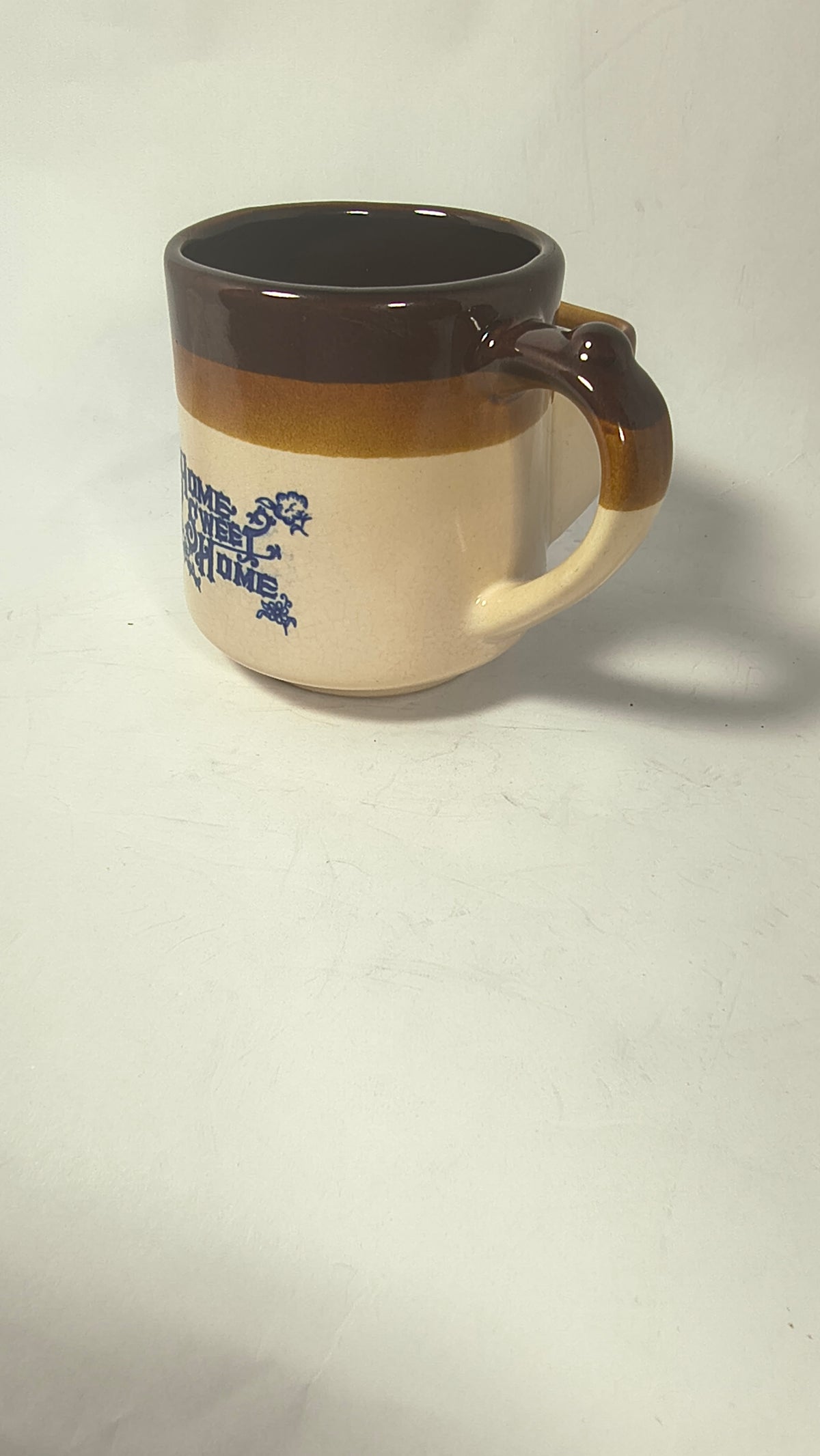 Vintage "Home Sweet Home" Stoneware Coffee Mug | Rustic Brown Glaze Pottery Cup with Blue Floral Stencil | Thumb Rest Handle