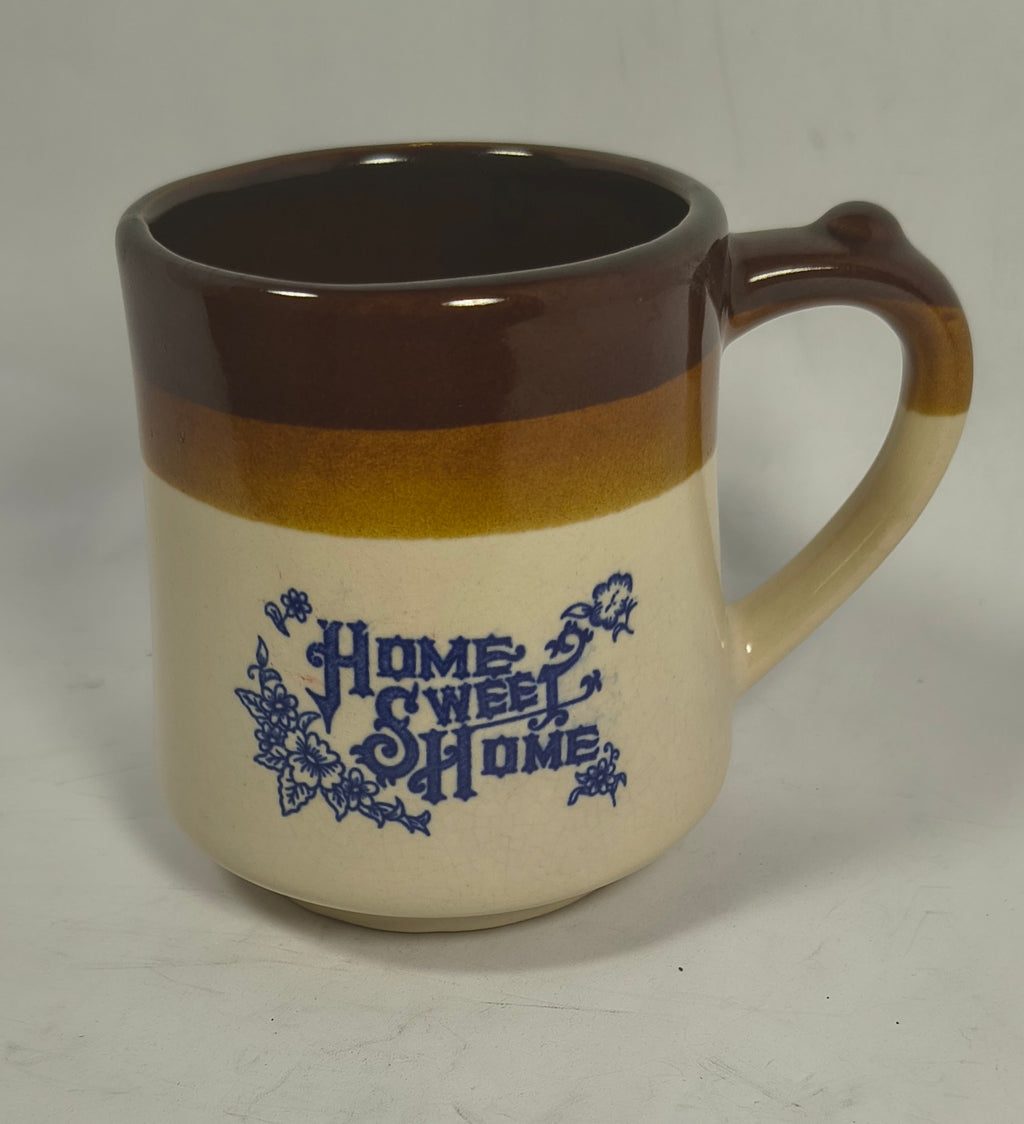 Vintage "Home Sweet Home" Stoneware Coffee Mug | Rustic Brown Glaze Pottery Cup with Blue Floral Stencil | Thumb Rest Handle