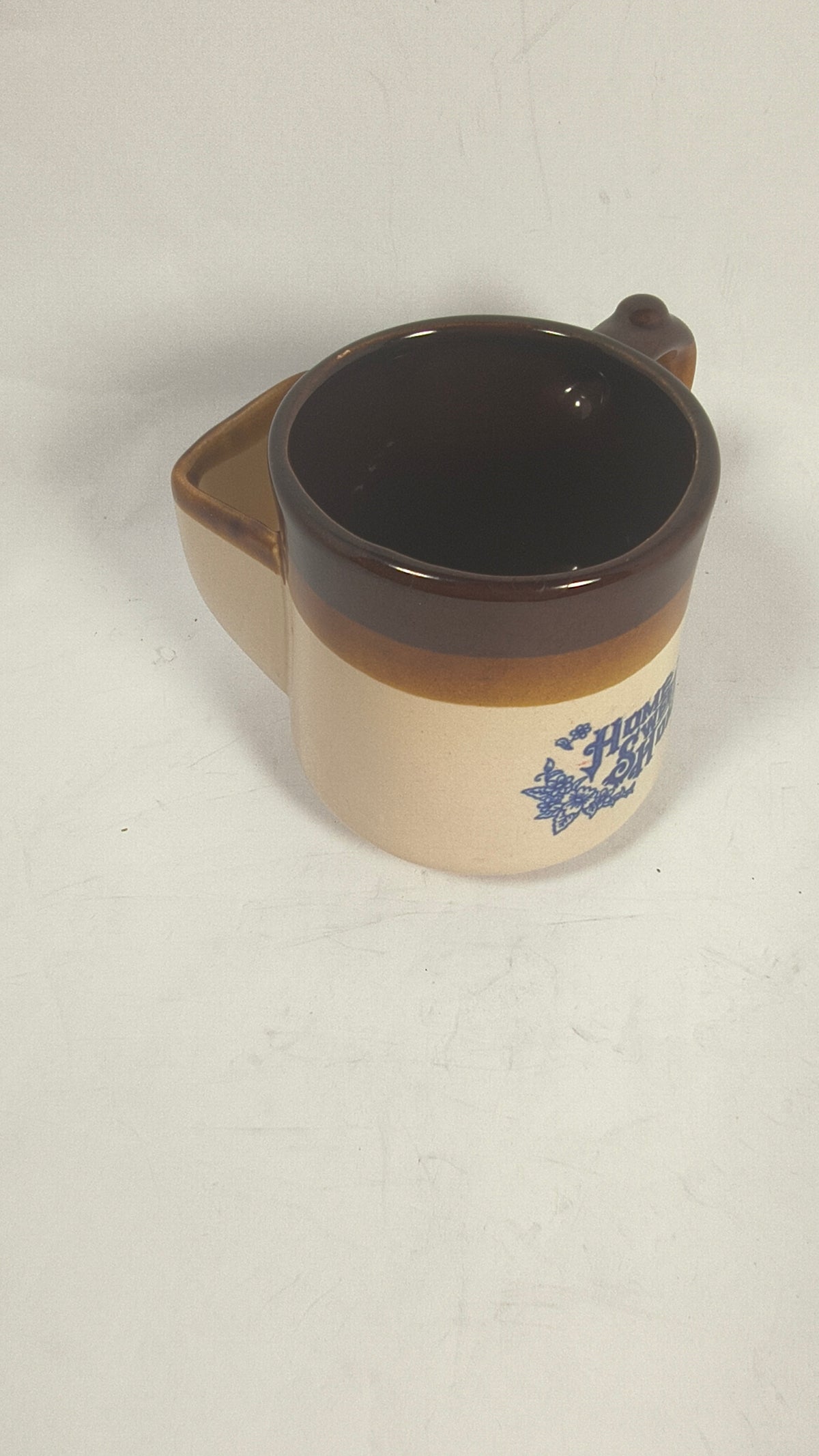 Vintage "Home Sweet Home" Stoneware Coffee Mug | Rustic Brown Glaze Pottery Cup with Blue Floral Stencil | Thumb Rest Handle